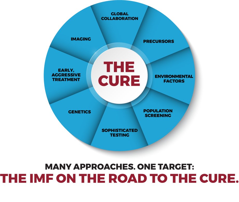 The IMF on the road to the cure. Many approaches. Global collaboration, precusors, environmental factors, population screening, sophisticated testing, genetics, early aggressive treatment, imaging. One target. The Cure